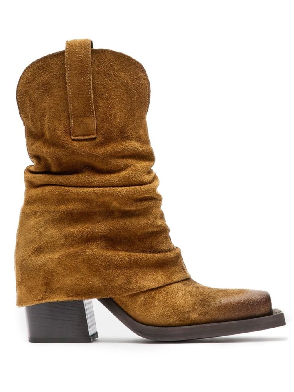 Suede Fold over Boots Square Toe Chunky Block Heel Mid Calf Boots Pull on Cowboy